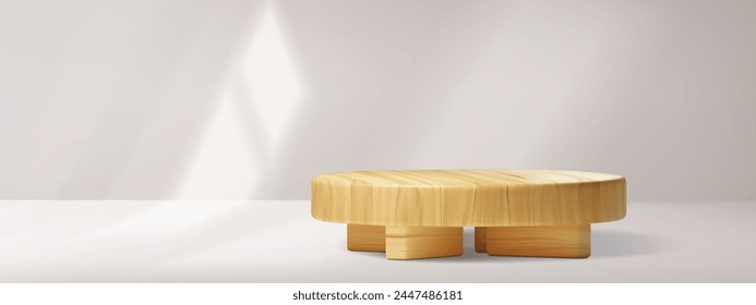 Round wooden platform on white background. Vector realistic illustration of podium made of natural material for beauty product presentation, light shadow on studio wall, restaurant menu backdrop