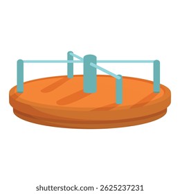 Round wooden playground carousel with metal handrails standing still on a white background