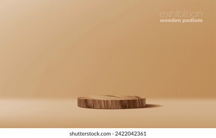 Round wooden podium, empty stage 3d vector mockup. Circular stand with polished surface, illuminated with soft light, casting the shadow on floor. Crafted with precision, it emanates timeless elegance