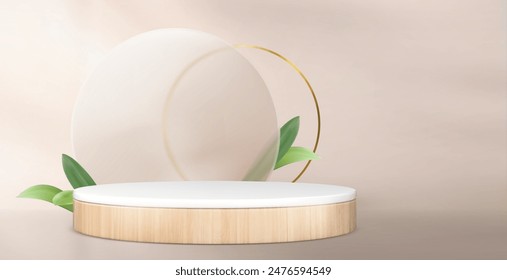 Podio redondo de madera con hojas verdes y Elementos de morfismo de vidrio sobre fondo beige. Ilustración realista del Vector de la plataforma del cilindro en blanco para la presentación orgánica del producto, decoración del anillo de oro