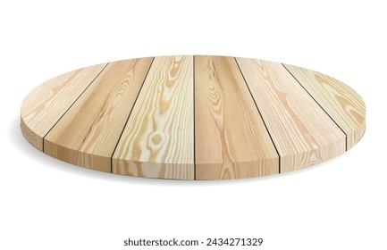 Round wooden podium pedestal 3D for showing product wooden beverage coaster isolated on white background vector illustration.