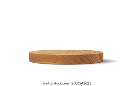 Round wooden podium, platform display stage board for displaying cosmetic products, presentation or exhibition. Realistic 3d vector studio interior with circular stand for eco rustic goods showcase