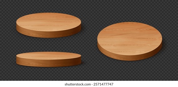 Round wooden podium stages or pedestal base for product display, vector showcase pillars. Wooden podium stage platform mockups in round circle shapes for showroom or exhibition platforms