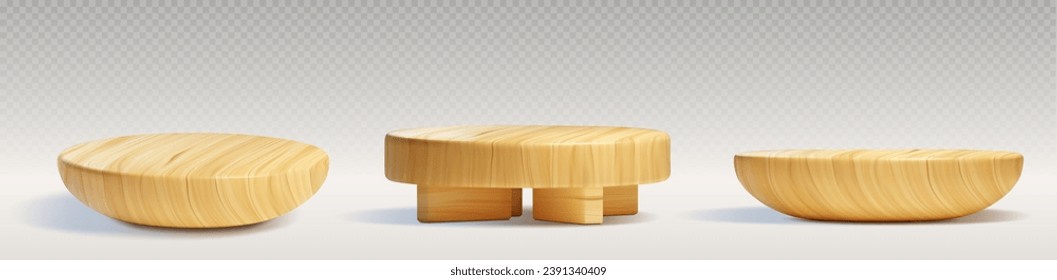 Round wooden podiums for product presentation isolated on transparent background. Vector realistic illustration of 3D platforms made of natural material for cosmetics display, tray for asian food