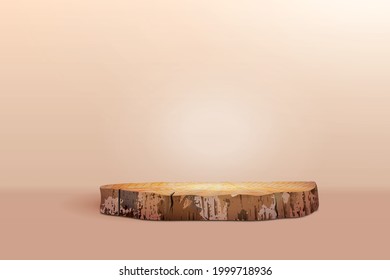 Round wooden saw cut on a beige background. Minimal box and geometric podium. Scene with geometric shapes. Empty showcase for the presentation of eco cosmetic products