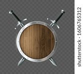 Round wooden shield with swords. Isolated on a transparent background. Vector illustration.