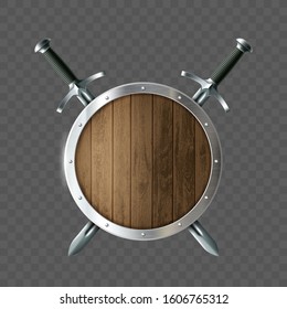 Round Wooden Shield With Swords. Isolated On A Transparent Background. Vector Illustration.