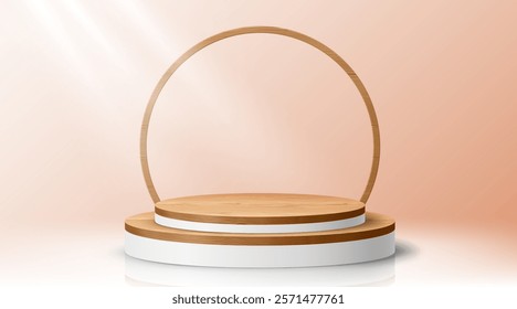 Round wooden showcase podium with frame for stage or product display, vector mockup. Exhibition podium stage or display pedestal and showcase platform background with realistic wooden arch frame