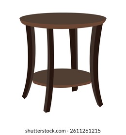 Round wooden side table with lower shelf and curved legs in dark brown finish design