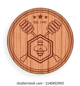 Round wooden signboard. Honey elements template for logo label. Vector illustration