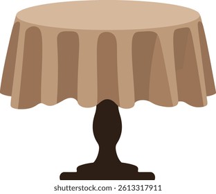 A round wooden table with a beige tablecloth sits elegantly, inviting gatherings and meals, radiating warmth and comfort in a cozy dining setting.