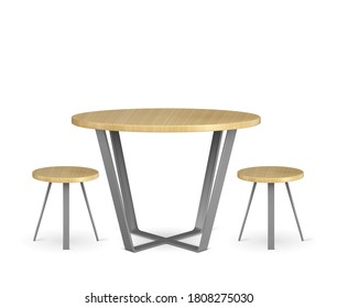 Round wooden table and circle chairs isolated on white background. Empty dining desk and pews with metal legs. restaurant, home, cafeteria furniture, modern wood interior decor realistic 3d vector set