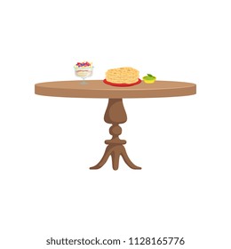 Round wooden table with food for breakfast vector Illustration on a white background