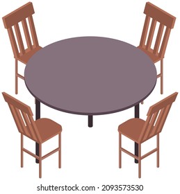 Round wooden table and four classic chairs. Kitchen or dining room furniture element for interior isolated on white background. Cosy apartment furnishings. Piece of furniture for cafeteria, restaurant