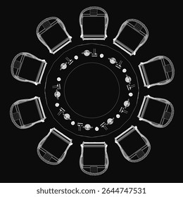 Round wooden table with matching chairs arranged symmetrically against a dark background, sketched in clean black and white line art. The minimalist illustration features smooth curves and precise.