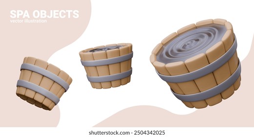 Round wooden tub with clear water. Large bucket for bathing and washing