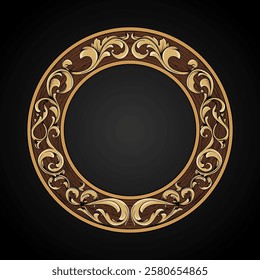 Round wooden vintage frame with classic gold carved ornaments. Luxury gold element border frame illustration