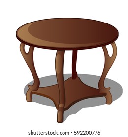 Round wooden vintage table isolated on a white background. Cartoon vector close-up illustration.
