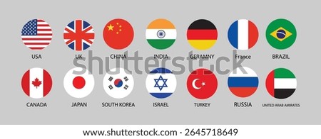 Round World Flags Icon Pack – USA, China, UK, India, Brazil, UAE and More | Circular Country Badge Vector Set for International Design and Travel Use.