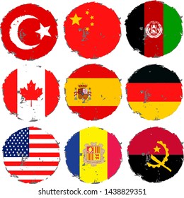 Round world flags set. Grunge world flags set.
