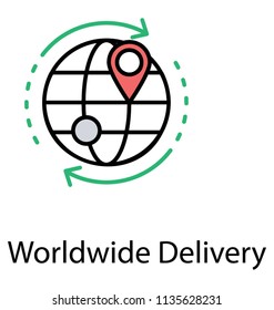 
Round world globe surrounded by revolving arrows, symbolising worldwide delivery 
