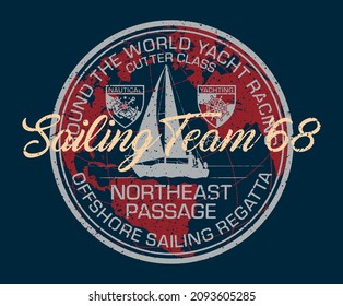 Round the world yacht race sailing team vintage nautical vector print for boy t shirt