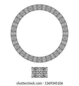 Round Wreath of abstract ornament. Seamless pattern Brush from hand-held black lines on a white background. For the design of fabrics, postcards, borders on business cards, invitations.