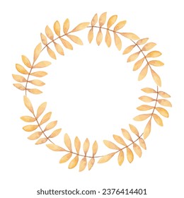 Round wreath with autumn leaves with empty space for text. Forest design elements. Ideal for seasonal advertising, invitations, cards, thanksgiving.Hand drawn watercolor art.