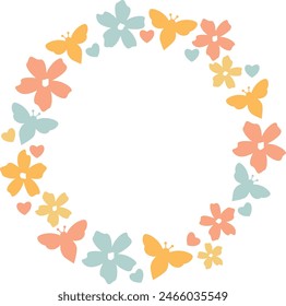 Round wreath with bees and simple flowers, Decortive floral border