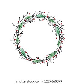Round Wreath with black branches, fir tree twigs and red berries. winter holiday garland. Good for Christmas or Thanksgiving greeting cards. Vector illustration.