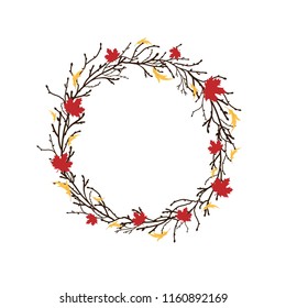 Round Wreath with black branches and twigs and autumn leaves. Autumn garland. Good for Hello Autumn or Thanksgiving greeting cards. Vector illustration.