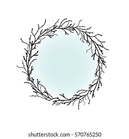 Round Wreath with black branches and twigs. Spring garland with light blue  sky. Good for  greeting cards. Vector illustration.