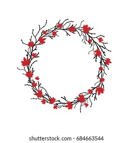 Round Wreath with black branches and twigs and red maple leaves. Autumn garland. Good for Hello Autumn or Thanksgiving greeting cards. Vector illustration.