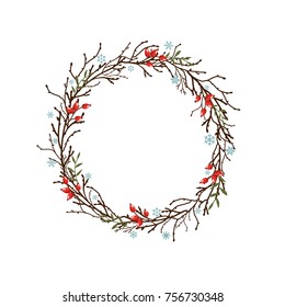 Round Wreath with black branches and twigs, snowflakes and red rose hip berries. winter holiday garland. Good for Christmas or Thanksgiving greeting cards. Vector illustration.