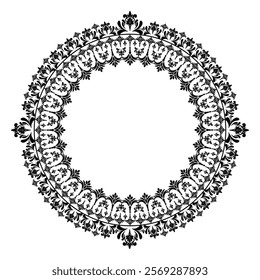 Round Wreath Black circular round ornament floral Abstract pattern Victorian Damask traditional style, illustration Vintage Design, Floral frames, Mandala, Antique, Moroccan