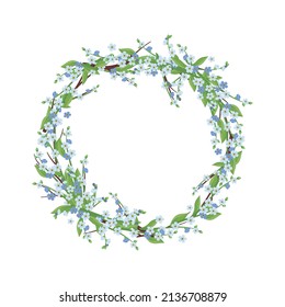 Round wreath of blue forget me not flowers. Spring blooming composition or frame with buds and leaves. Festive decoration for wedding, holiday, postcard and design. Vector flat illustration