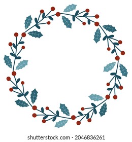 Round wreath with blue frosty leaves and red berries. Winter botanical circular frame. Beautiful template for a postcard or greetings, vector illustration.