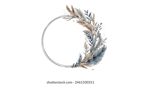 Round Wreath with Bouquet of Pampas Grass, Dried Flowers, Hand Painted Watercolor Leaves on Horizontal White Background. Decor for Wedding decoration in rustic, boho style in blue-beige colors. Vector