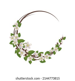 Round wreath of cherry or apple tree. Frame with white flowers. Spring blooming composition with buds and leaves. Festive decoration for wedding, holiday, postcard and design. Vector flat illustration