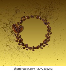 round wreath of coffee beans on a gold background