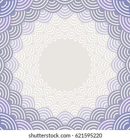 Round Wreath composition frame for your text. fish scales simple Nature background with japanese wave circle pattern Gray lilac violet purple lavender colors card banner design. Vector