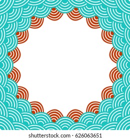 Round Wreath composition frame for your text. fish scales simple Nature background with japanese wave circle pattern Turquoise blue teal, burgundy maroon card banner design on white background. Vector