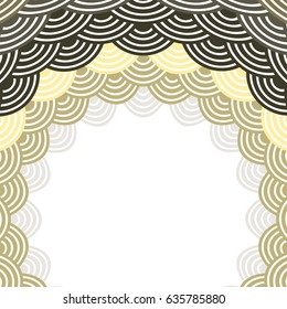 Round Wreath composition frame for your text. fish scales simple Nature background with japanese wave circle pattern, Grey black Beige brown card banner design on white background. Vector