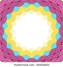 Round Wreath composition frame for your text. fish scales simple Nature background with japanese wave circle pattern, Pink blue yellow card banner design on white background. Vector