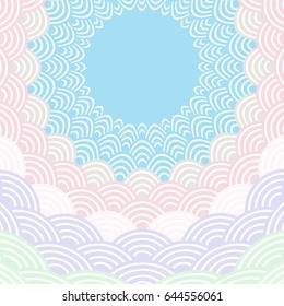 Round Wreath composition frame for your text. fish scales simple Nature background with japanese wave circle pattern, Pink lilac green pastel color card banner design background. Vector