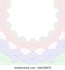 Round Wreath composition frame for your text. fish scales simple Nature background with japanese wave circle pattern, Pink lilac green pastel color card banner design on white background. Vector