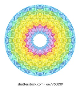 Round Wreath composition rainbow frame. scales simple Nature background with japanese wave circle pattern Green yellow orange pink purple blue colors card banner design. Vector