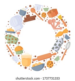 Round wreath with confectionery tools and elements. Retro design for menu, logo, packaging, poster, banner, print. Vector illustration.