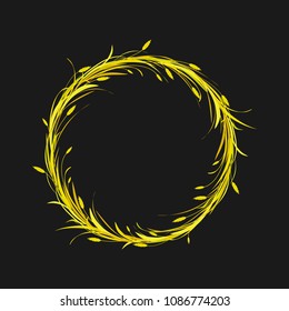 Round wreath or crown with gold and brown ears of wheat, barley or rye and blades of grass. Vector nature illustration isolated on black. Gold and yellow colors. Harvest card. Autumn clip art