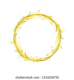 Round wreath or crown with gold and brown ears of wheat, barley or rye and blades of grass. Vector nature illustration isolated on black. Gold and yellow colors. Harvest card. Autumn clip art